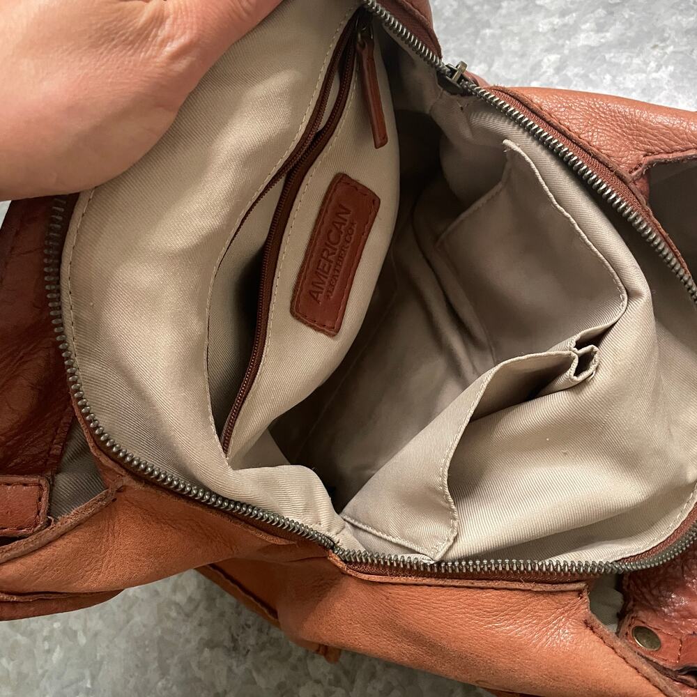 American Leather Co Triple Entry Satchel Brown Purse Bag Genuine Boho Minimalist - Picture 7 of 16
